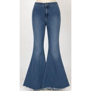 Free People Jeans 29 Extreme Flare Bell Bottom Raw Hem Y2K Boho Blue Denim